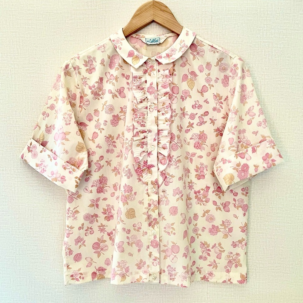 Vintage 1950-60s Carol Brent Boxy Cuffed Sleeve, Pink & Golden Tan Floral Blouse